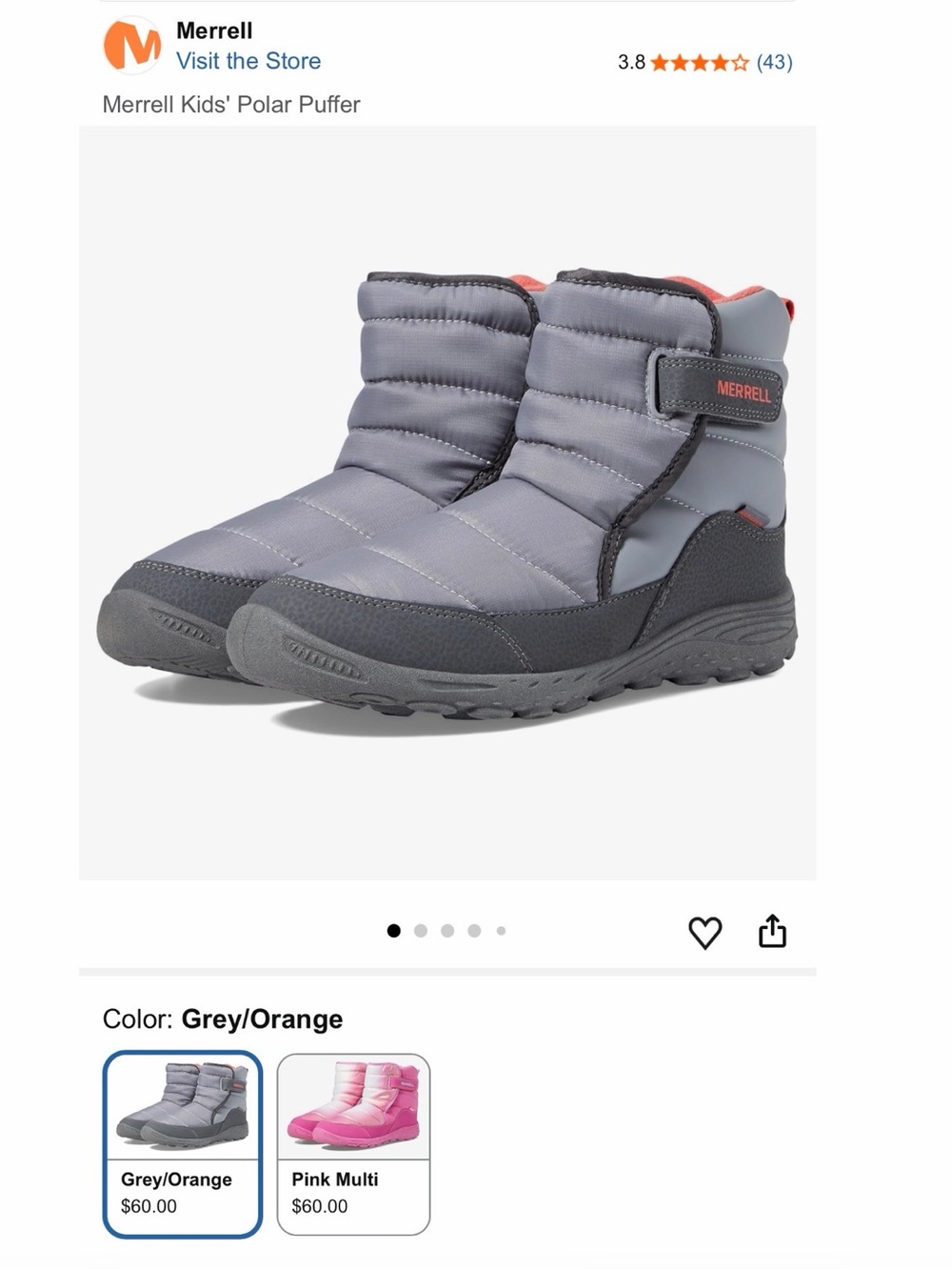 Merrell unisex polar puffer big kid winter snow Boots size 7 gray/orange